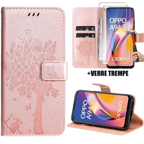 Coque Pour Oppo A94 5g, Anti-Rayures Effet Cuir Rose Elégant Motif Arbre + 2 Vitres De Protection Verre Trempé (Pas Pour A94 4g) - Booling