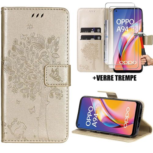 Coque Et 2 Verres Trempés Pour Oppo A94 5g, Housse Flip Case Cuir Synthétique Doré Avec Motif Arbre (Pas Pour Oppo A94 4g) - Booling