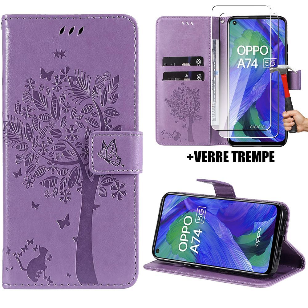 Coque Pour Oppo A74 5g, Motif Fleur Arbre Portefeuille Effet Cuir Violet Anti-Rayures + 2 Verres Trempés (Pas Pour Oppo A74 4g) - Booling