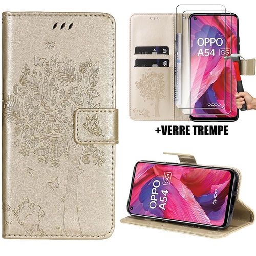 Coque Pour Oppo A54 5g, Flip Case Cuir Synthétique Doré Avec Motif Arbre Papillon Elégant Chic (Pas Pour A54 4g) - Booling