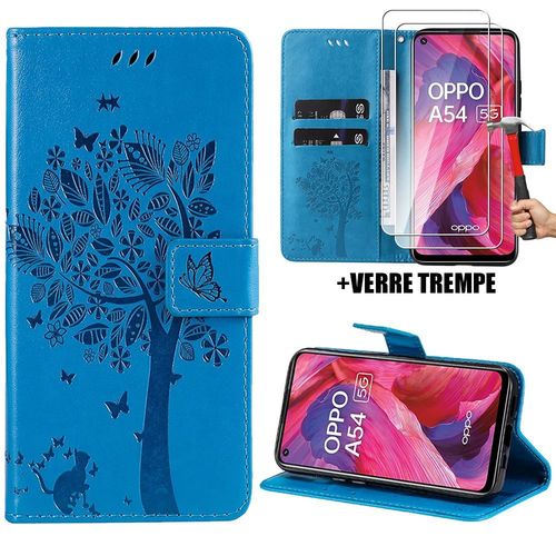 Coque Et 2 Verres Trempés Pour Oppo A54 5g, Protection Anti-Rayures Effet Cuir Bleu Elégant Motif Arbre (Pas Pour A54 4g) - Booling