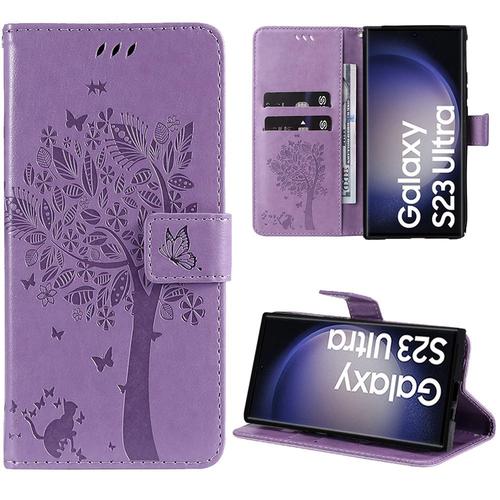 Coque Pour Samsung Galaxy S23 Ultra, Protection Anti-Rayures Effet Cuir Violet Elégant Motif Arbre (Pas Pour S23) - Booling