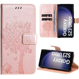 Coque Pour Samsung Galaxy S23 Ultra, Protection Anti-Rayures Effet Cuir Rose Motif Arbre Chat Fleur (Pas Pour S23) - Booling