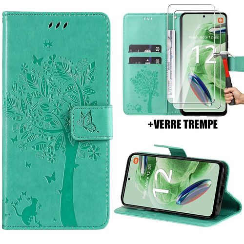 Coque Et 2 Verres Trempés Pour Xiaomi Redmi Note 12 5g, Anti-Rayures Effet Cuir Vert Motif Arbre Chat Fleur (Pas Pour Redmi 12 5g) - Booling