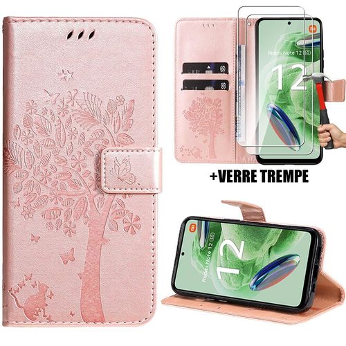 Coque Pour Xiaomi Redmi Note 12 5g, Motif Fleur Arbre Portefeuille Effet Cuir Rose + 2 Verres Trempés (Pas Pour Redmi 12 5g) - Booling