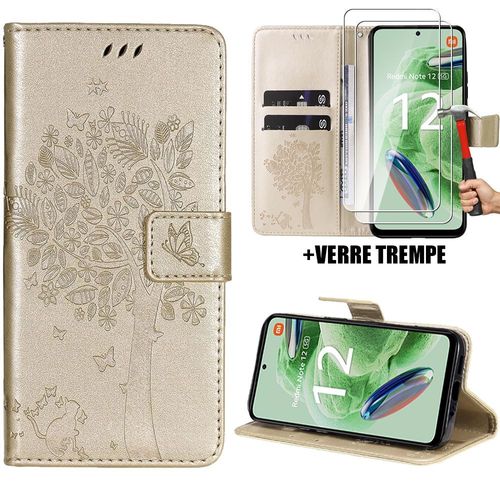 Coque + 2 Verres Trempés Pour Xiaomi Redmi Note 12 5g, Effet Cuir Doré Fermeture Magnétique Motif Arbre Chat (Pas Pour Redmi 12 5g) - Booling