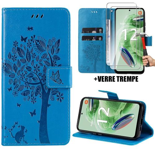 Coque Pour Xiaomi Redmi Note 12 5g Avec 2 Verres Trempés, Protection Effet Cuir Bleu Motif Arbre Elégant (Pas Pour Redmi 12 5g) - Booling