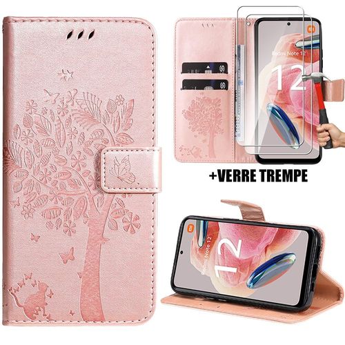 Coque + 2 Verres Trempés Pour Xiaomi Redmi Note 12 4g, Housse Rabat Cuir Pu Rose Avec Motif Chat Arbre Papillon - Booling