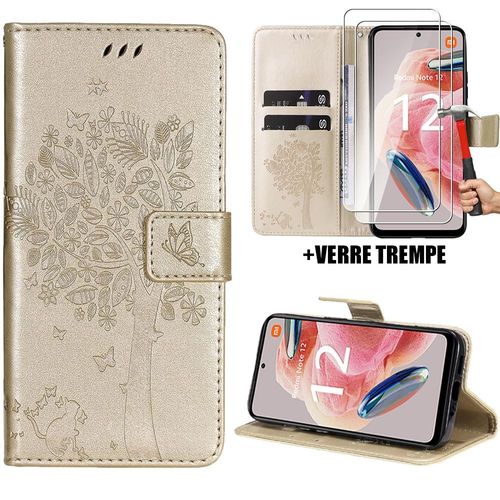 Coque Pour Xiaomi Redmi Note 12 4g Avec 2 Verres Trempés, Motif Arbre Papillon Fleur Elégant Portefeuille Effet Cuir Doré - Booling