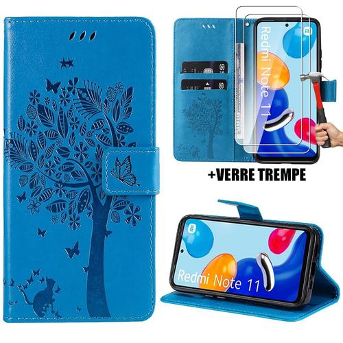 Coque + 2 Verres Trempés Pour Xiaomi Redmi Note 11/Note 11s, Housse Rabat Cuir Pu Bleu Avec Motif Chat Arbre Papillon - Booling