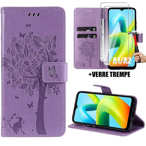 Coque Pour Xiaomi Redmi A1 / Redmi A2, Motif Arbre Papillon Fleur Elégant Portefeuille Effet Cuir Violet + 2 Verres Trempés - Booling