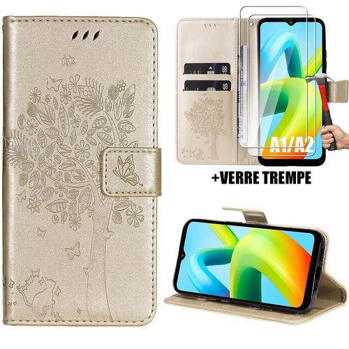 Coque Pour Xiaomi Redmi A1 / A2, Protection Anti-Rayures Effet Cuir Doré Elégant Motif Arbre + 2 Protection D'écran Verre Trempé - Booling