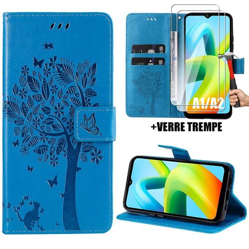 Coque Et 2 Verres Trempés Pour Xiaomi Redmi A1 / Redmi A2, Housse Flip Case Cuir Synthétique Bleu Avec Motif Arbre - Booling