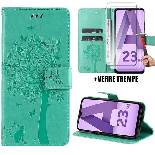 Coque Pour Samsung Galaxy A23 5g, Effet Cuir Vert Fermeture Magnétique Motif Arbre Chat + 2 Verre Trempé 9h - Booling