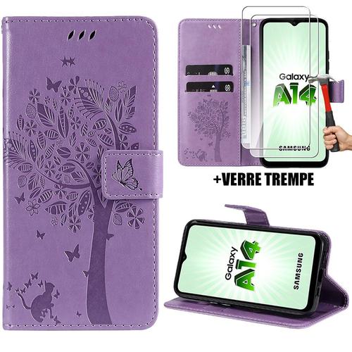 Coque + 2 Verres Trempés Pour Samsung Galaxy A14 4g/5g, Housse Rabat Cuir Pu Violet Avec Motif Chat Arbre Papillon - Booling