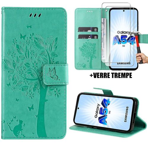 Coque Pour Samsung Galaxy A54 5g, Protection Anti-Rayures Effet Cuir Vert Elégant Motif Arbre + 2 Verres Trempés Transparents - Booling