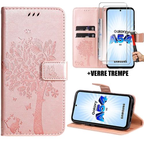 Coque + 2 Verres Trempés Pour Samsung Galaxy A54 5g, Housse Flip Case Cuir Synthétique Rose Avec Motif Arbre - Booling