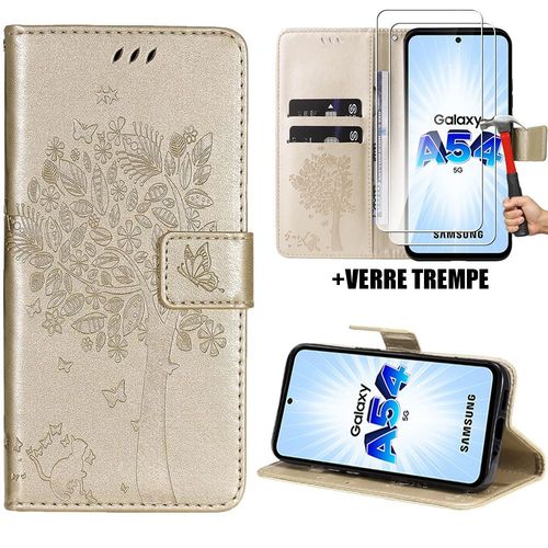 Coque Pour Samsung Galaxy A54 5g, Protection Anti-Rayures Effet Cuir Doré Motif Arbre Chat Fleur + 2 Verres Trempés 9h - Booling