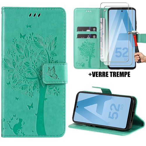 Coque Pour Samsung Galaxy A52 4g/5g A52s 5g, Housse Flip Case Cuir Synthétique Vert Avec Motif Arbre + 2 Verres Trempés - Booling