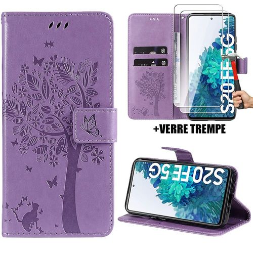 Coque Et 2 Verres Trempés Pour Samsung Galaxy S20 Fe, Housse Flip Case Cuir Synthétique Violet Avec Motif Arbre (Pas Pour S20) - Booling