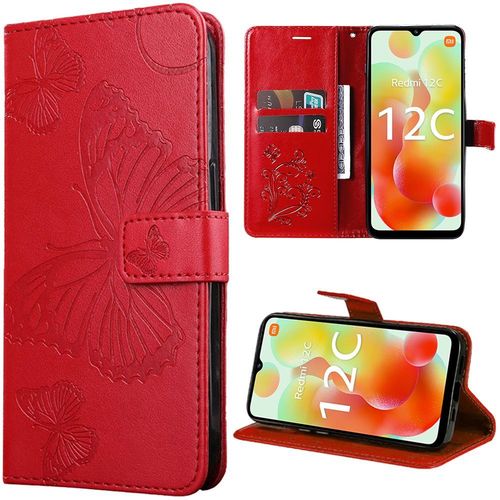 Coque Pour Xiaomi Redmi 12c / 11a, Protection Anti-Rayures Effet Cuir Papillon Imprimé - Rouge - Booling