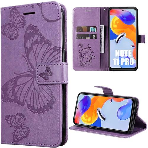 Coque Pour Xiaomi Redmi Note 11 Pro 4g/5g, Housse Rabat Cuir Pu Violet Avec Motif Papillon Fermeture Magnétique - Booling