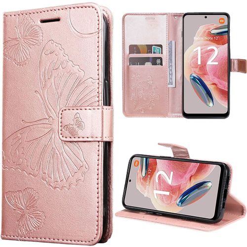 Coque Pour Xiaomi Redmi Note 12 4g, Protection Anti-Rayures Effet Cuir Rose Papillons Imprimés - Booling