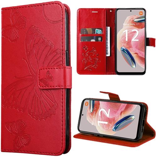 Coque Pour Xiaomi Redmi Note 12 4g, Housse Flip Case Avec Motif Papillon Cuir Synthétique Rouge - Booling