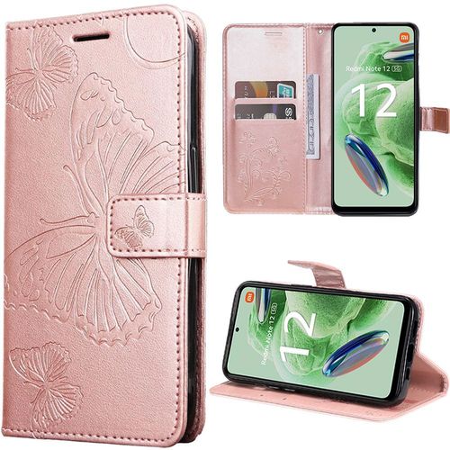 Coque Pour Xiaomi Redmi Note 12 5g, Protection Anti-Rayures Effet Cuir Rose Elégant Motif Papillon (Pas Pour Redmi 12 5g) - Booling