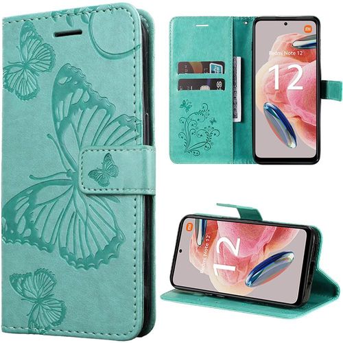 Coque Pour Xiaomi Redmi Note 12 4g, Protection Effet Cuir Vert Fermeture Magnétique Motif Papillon - Booling