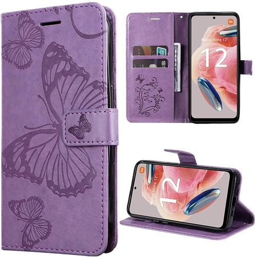 Coque Pour Xiaomi Redmi Note 12 4g, Housse Rabat Cuir Pu Violet Avec Motif Papillon Fermeture Magnétique - Booling
