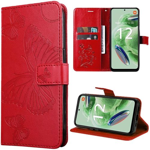 Coque Pour Xiaomi Redmi Note 12 5g, Flip Case Cuir Synthétique Rouge Avec Motif Papillon Elégant (Pas Pour Redmi 12 5g) - Booling