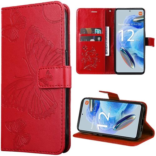 Coque Pour Xiaomi Redmi Note 12 Pro 5g, Housse Rabat Cuir Pu Rouge Avec Motif Papillon Elégant Fermeture Magnétique - Booling