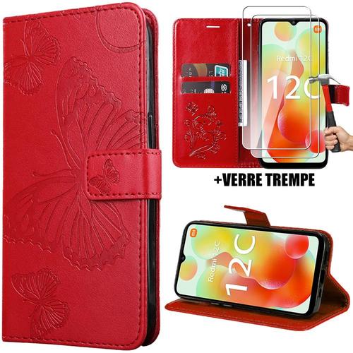 Coque + 2 Verres Trempés Pour Xiaomi Redmi 12c / 11a, Protection Anti-Rayures Effet Cuir Papillon Imprimé - Rouge - Booling