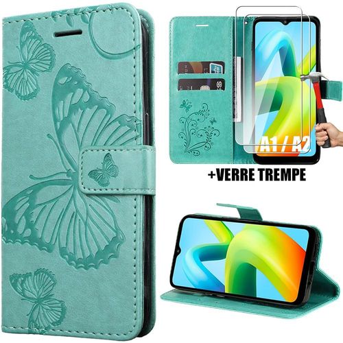 Coque + 2 Verres Trempés Pour Xiaomi Redmi A1 / A2, Coque Rabat Anti-Rayures Antichoc Papillon Imprimé Effet Cuir Vert - Booling