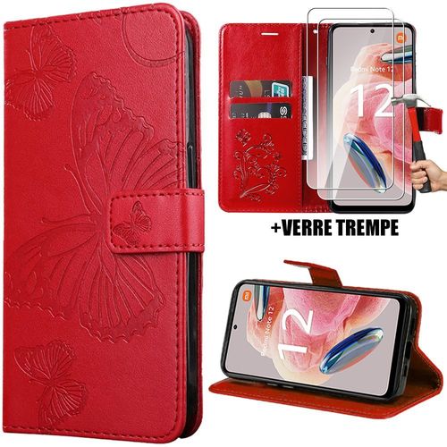 Coque + 2 Verres Trempés Pour Xiaomi Redmi Note 12 4g, Housse Flip Case Avec Motif Papillon Cuir Synthétique Rouge - Booling