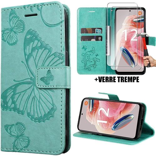 Coque Et 2 Verres Trempés Pour Xiaomi Redmi Note 12 4g, Protection Effet Cuir Vert Fermeture Magnétique Motif Papillon - Booling