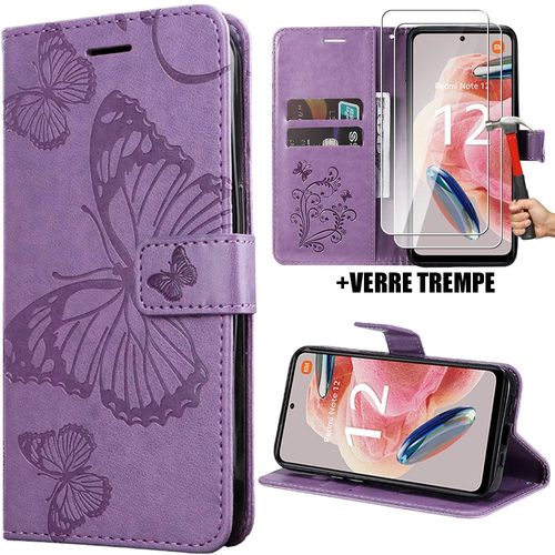 Coque + 2 Verres Trempés Pour Xiaomi Redmi Note 12 4g, Housse Rabat Cuir Pu Violet Avec Motif Papillon Fermeture Magnétique - Booling
