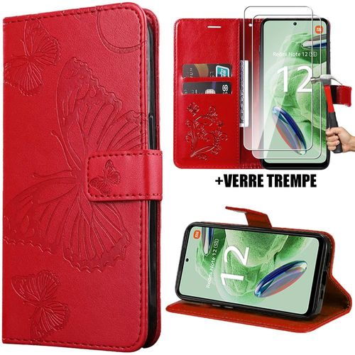 Coque Et 2 Verres Trempés Pour Xiaomi Redmi Note 12 5g, Flip Case Cuir Synthétique Rouge Motif Papillon (Pas Pour Redmi 12 5g) - Booling