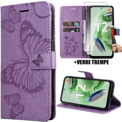 Coque + 2 Verres Trempés Pour Xiaomi Redmi Note 12 5g, Motif Papillon Elégant Portefeuille Effet Cuir Violet (Pas Pour Redmi 12 5g) - Booling
