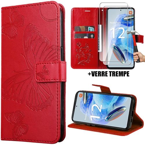 Coque + 2 Verres Trempés Pour Xiaomi Redmi Note 12 Pro 5g, Housse Rabat Cuir Pu Rouge Avec Motif Papillon Fermeture Magnétique - Booling
