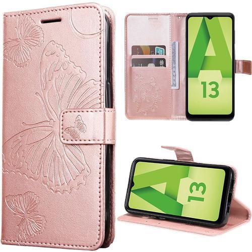 Coque Pour Samsung Galaxy A13 4g/5g, Protection Anti-Rayures Effet Cuir Rose Elégant Motif Papillon - Booling