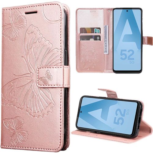 Coque Pour Samsung Galaxy A52 4g/5g A52s 5g, Protection Effet Cuir Rose Fermeture Magnétique Motif Papillon - Booling