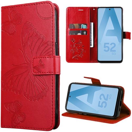 Coque Pour Samsung Galaxy A52s 5g A52 4g/5g, Housse Rabat Cuir Pu Rouge Avec Motif Papillon Fermeture Magnétique - Booling