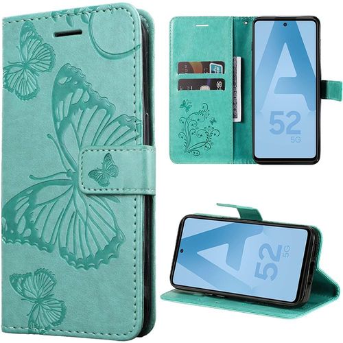 Coque Pour Samsung Galaxy A52s 5g A52 4g/5g, Protection Anti-Rayures Effet Cuir Vert Elégant Motif Papillon - Booling