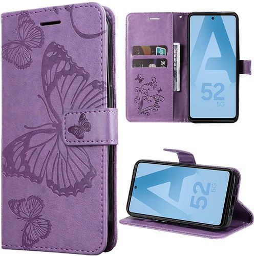 Coque Pour Samsung Galaxy A52 4g/5g A52s 5g, Flip Case Cuir Synthétique Violet Avec Motif Papillon Elégant - Booling