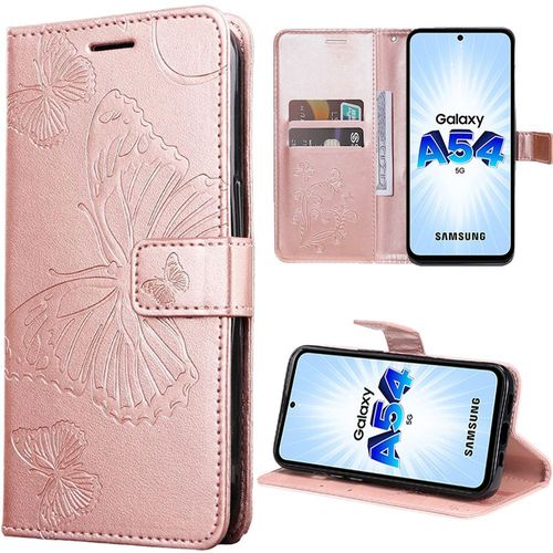 Coque Pour Samsung Galaxy A54 5g, Flip Case Elégant En Motif Papillon Cuir Synthétique Rose - Booling