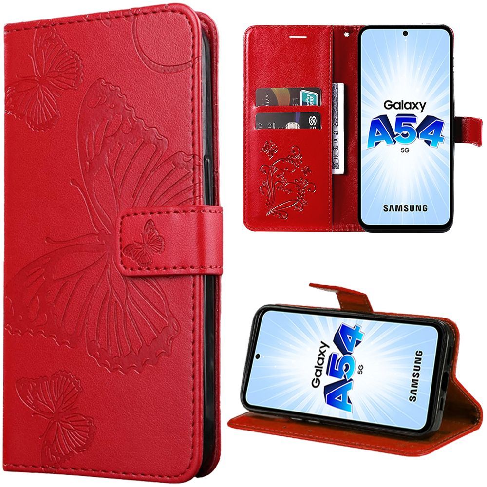 Coque Pour Samsung Galaxy A54 5g, Protection Rabat Antichoc Motif Papillon Elégant Effet Cuir Rouge - Booling