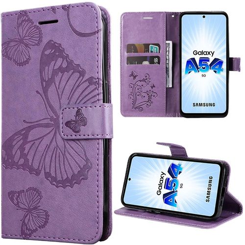 Coque Pour Samsung Galaxy A54 5g, Motif Papillon Imprimé Effet Cuir Violet - Booling