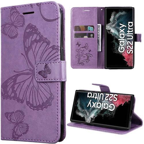 Coque Pour Samsung Galaxy S22 Ultra, Flip Case Cuir Synthétique Violet Avec Motif Papillon Elégant Chic (Pas Pour S22) - Booling